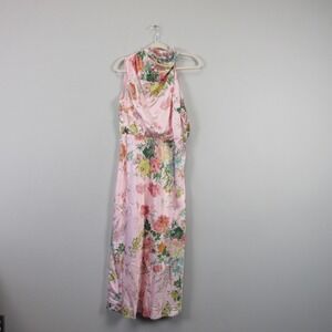 Petal + Pup Anabelle Halter Midi Dress M Pink Floral Satin Wedding Guest 312